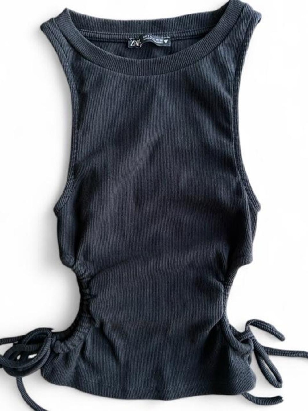Zara Cut Out Tank Top Black Ribbed Side Tie Ruched Crop Top | Small | Like New